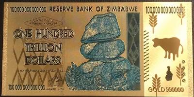 Zlatá bankovka 100 000 000 000 000 zimbabwských dolarů