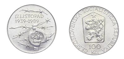 ČSSR, 100 Kčs, 17.listopad 1939-89 , 1989, Ag mince, kapsle, stav 0/0
