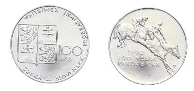 ČSFR, 100 Kčs, 100.Velká pardubická, 1990,  Ag mince, kapsle, stav 0/0