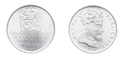 ČSSR, 100 Kčs, Karel IV. 1978,  Ag mince, stav 0/0