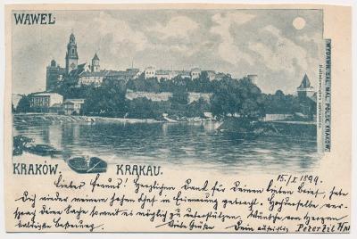 Polsko, Kraków, celkový pohled na město, prošlá poštou 1899