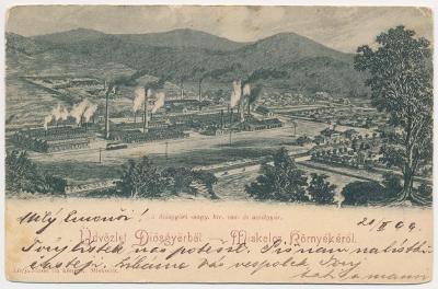 Maďarsko, Miskolc, Aczélgyár, pohled na ocelárny, prošlá poštou 1899