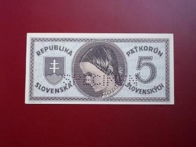 bankovka Slovenský Štát  5 Korun 1945  Luxusní  R!