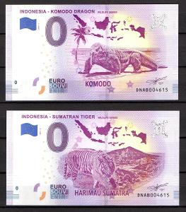 0 Euro Souvenir 2019,Indonesia, sada stejných čísel 4615! Komodo+Tiger
