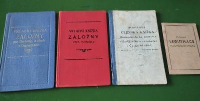 Staré doklady - vkladní knížky, členská knížka, legitimace ze 40.let