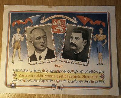 Dobová propaganda - barevný tisk 1945, Beneš a Stalin