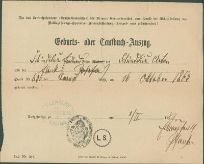 1A79 Rodný a křestní list Č. Šindelář r. 1888, farní úřad Brno