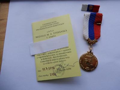 Pamětní medaile Štefánik VĚRNI ODKAZU-I. stupeň, stužka, dekret
