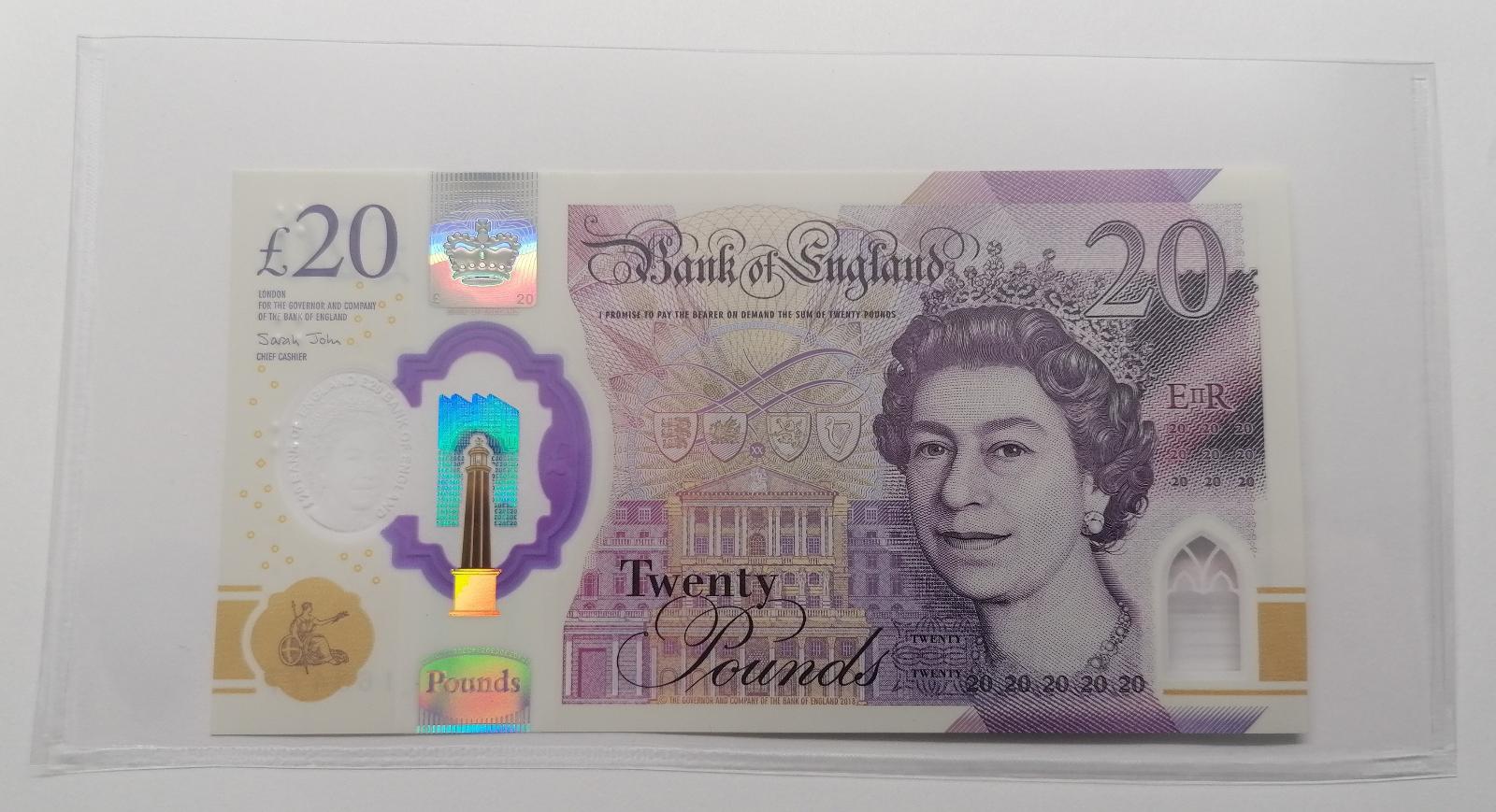 20 Pounds 2020 Anglie, Královna Alžběta II., polymer, stav UNC - Bankovky