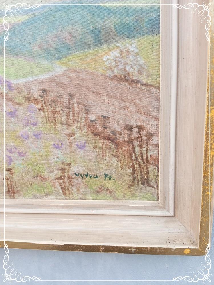 Starý obraz olejomalba - plátno - rozkvetlá louka  - signace - Umění