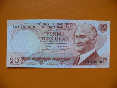 Bankovka Turecko Türkiye 20 lirasi 1974 série I64 UNC