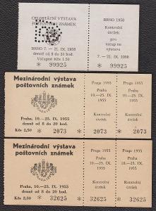 Vstupenky na celostátní výstavu poštovních známek- 2x r.1955 a 1x r.58