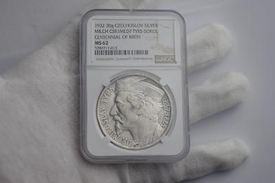 Stříbrná medaile 1932 Miroslav Tyrš NGC MS62