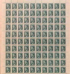 Protektorát, 1942, 5 K Hitler, kompletní 100 kusový arch, hledané