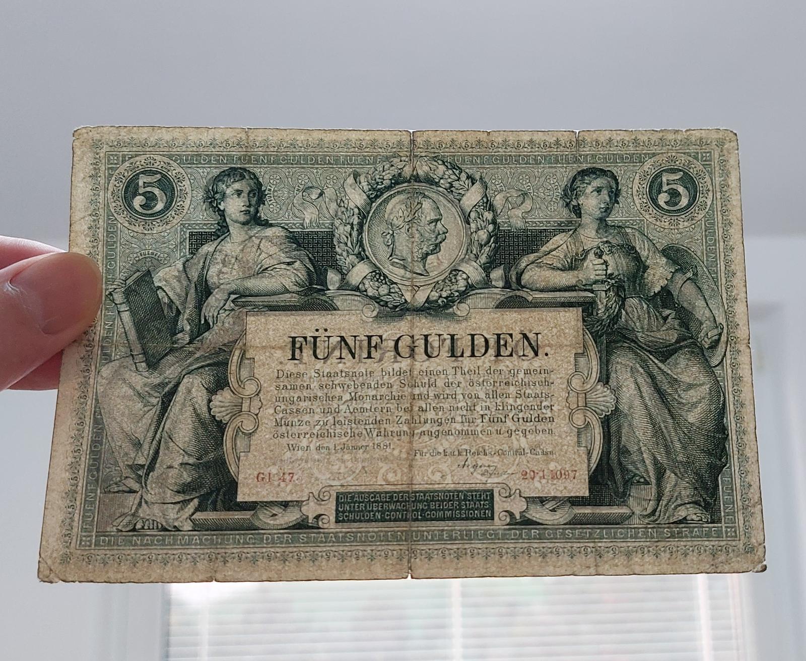5 Gulden rok 1881 séria Gl 47,RU,TOP PONUKA- VEĽMI VZÁCNA-RR!!!!!!!!! - Bankovky