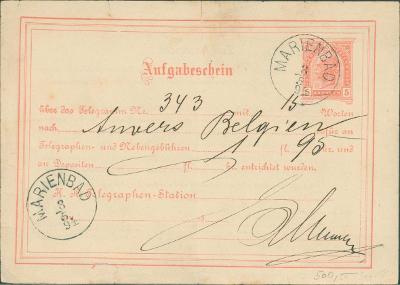 13B2577 Austria stvrzenka za telegram, Mar. Lázně - Antverpy Belgie