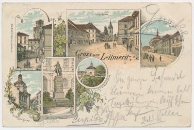 33 - Litoměřice, 6 - ti záběrová litografie, prošlé poštou 1898