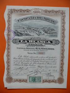 MEXIKO Akcie Compaňia Minas La Blanca y Anexas důl 1922 kolek VZÁCNÁ