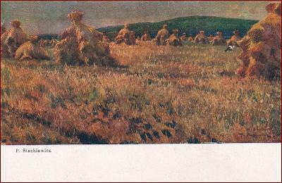 Krajina * kupky sena, čáp, pole, umělecká, sign. Stachiewicz * M4551