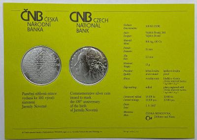 Certifikát k pamětní  minci 100. výročí narození Jarmily Novotné 2007