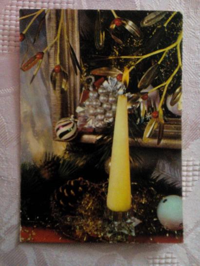 VÁNOČNÍ pohlednice - BAŇKY jmelí SVÍCEN vánoční OZDOBY (1971) prošlá ...
