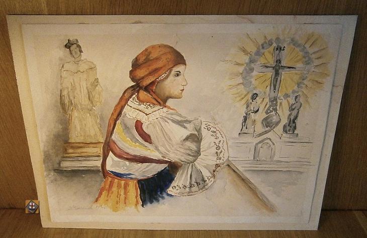 M. Valouch - Krojované dievča, cirkevný motív (akvarel) - Umenie