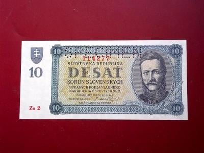 bankovka Slovenský Štát 10 Korun 1943 1-no číselná serie   Luxusní
