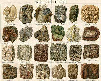 Minerály a kameny - stará litografie vhodná k zarámování