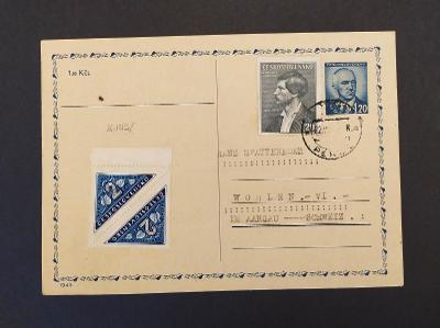 ČSR 1946, Peruc?, doruční, dofrankovaná dopisnice do Švýcarska