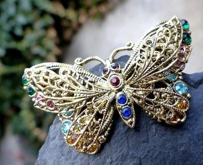 Motýl, brož, skleněné barevné kameny