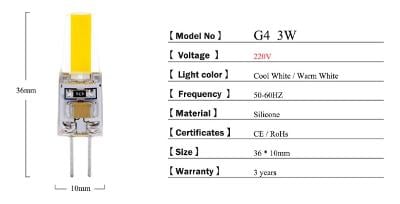 LED G4 Žárovka AC/DC Stmívání 220V 3W