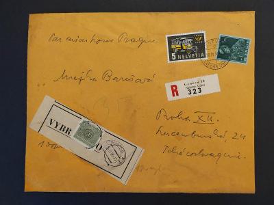 Švýcarsko 1956 ČSSR, Ženeva – Praha, doporučený dopis, doplatní známka