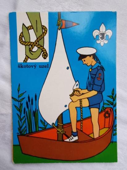 Dvě pohlednice se skautskými motivy: škotový uzel a dračí smyčka - Sběratelství