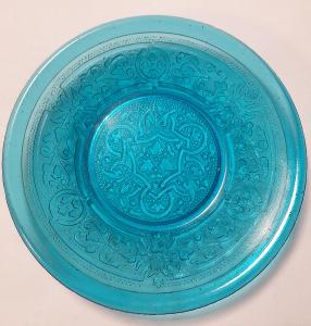 Starý malý modrý lis. skleněný talířek s ornamenty