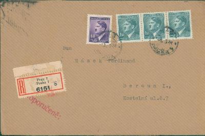 12B1285 R dopis Praha - F. Hásek Beroun, 3-páska známek