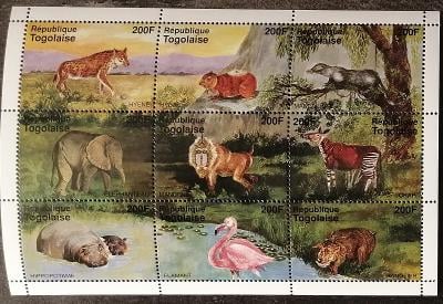 Togo 1995 8€ Fauna Afriky, Okapi. Plameňák, Hroši, Opice