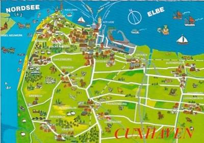 Německo, mapka přístavného města Cuxhaven, prošlá se známkou
