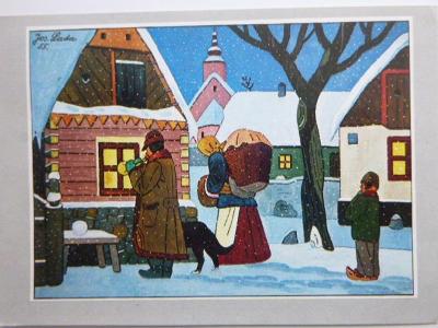 Prošlá poštou barevná pohlednice: JOSEF LADA (Kolorovaná kresba) perfe