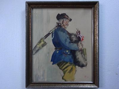 Joža Úprka - Starý dudák 1919 - akvarel na papíře 54 x 44 cm folklór