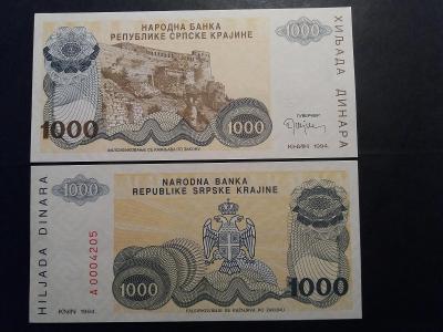 1 000 DINARA - SRBSKA KRAJINA 1994 -Chorvatsko - Jugoslávie- UNC !!!.