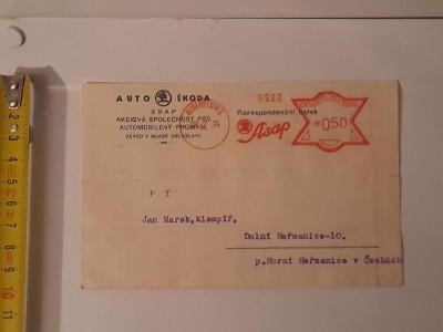 Starý korespondenční lístek od AUTO ŠKODA 1934