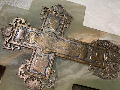 Domácí oltář - luxusní  kříž a nádoba na svěcenou vodu - bronz + kámen