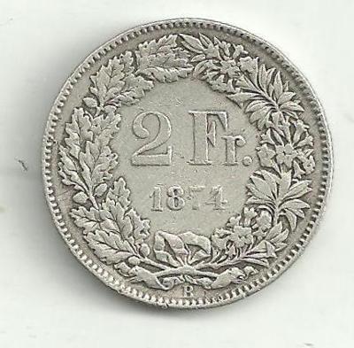 2 Frank Švýcarsko 1874 stříbro 