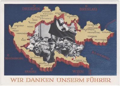 Deutsches Reich, Německá říše, Sudety, Sudetenland (vůdce, mapka) 1938
