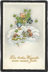 Kominíček-prasátko, houbičky, čtyřlístky, Nový rok, ca 1930