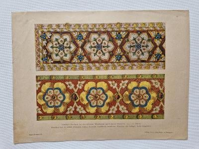 Starožitná litografie tabule bordura výšivka 14-15st. vzorník ornament