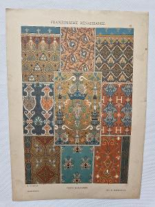 Starožitná litografie tabule návrh koberec tapiserie vzorník 1889