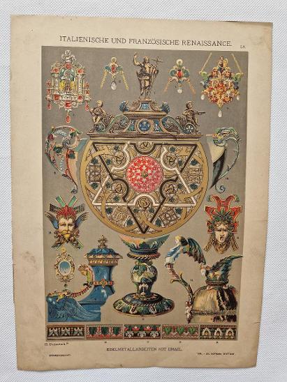 Starožitná litografie tabule návrh šperky ozdoby smalt vzorník 1889 - Stará a dekorativní grafika