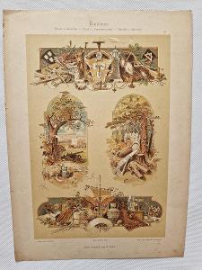 Starožitná litografie tabule řemeslo obchod cechovní znak vzorník 1893