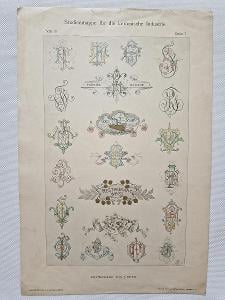 Starožitná litografie tabule malba na keramiku monogramy vzorník 